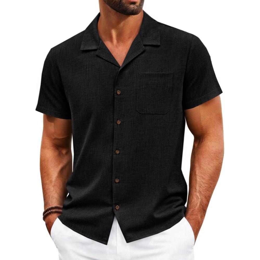 imageRuncati Mens Button Down Shirt Short Sleeve Cuban Casual Shirts Summer Beach Vacation Wedding Tops with PocketBlack