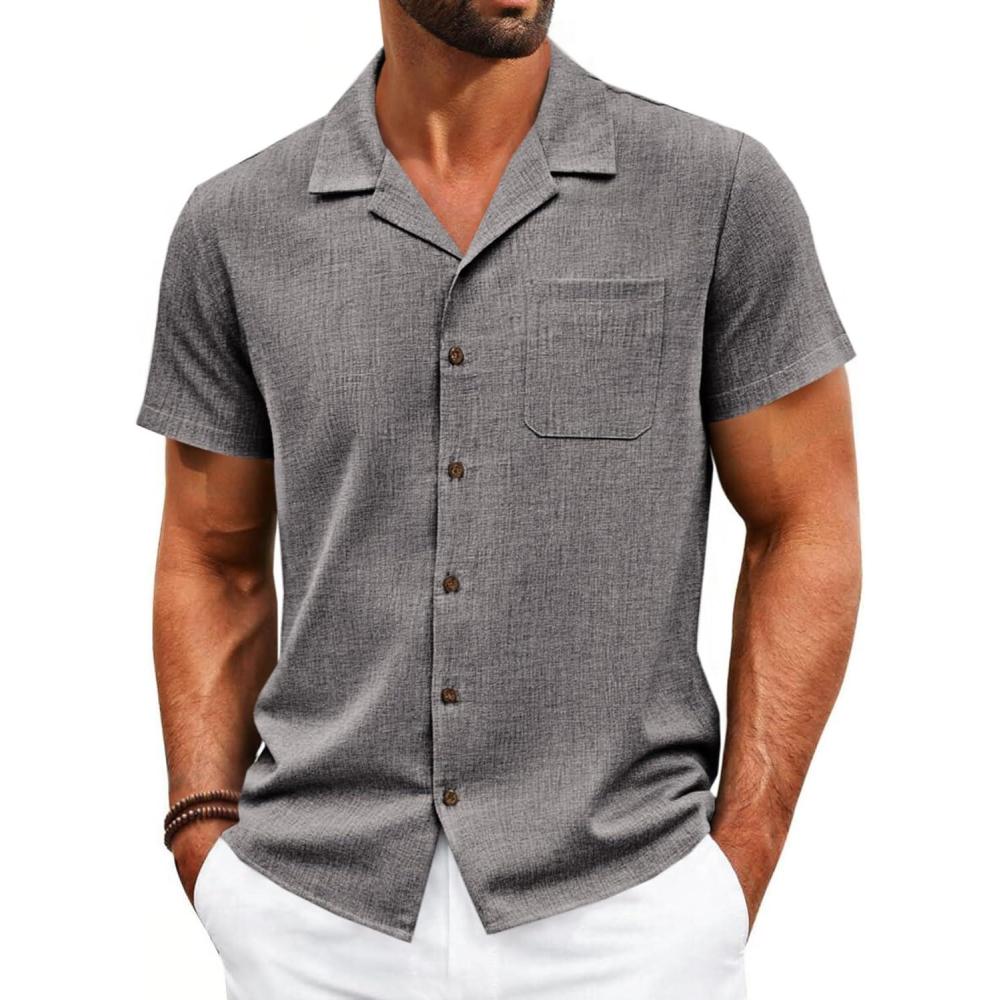 imageRuncati Mens Button Down Shirt Short Sleeve Cuban Casual Shirts Summer Beach Vacation Wedding Tops with PocketDark Gray