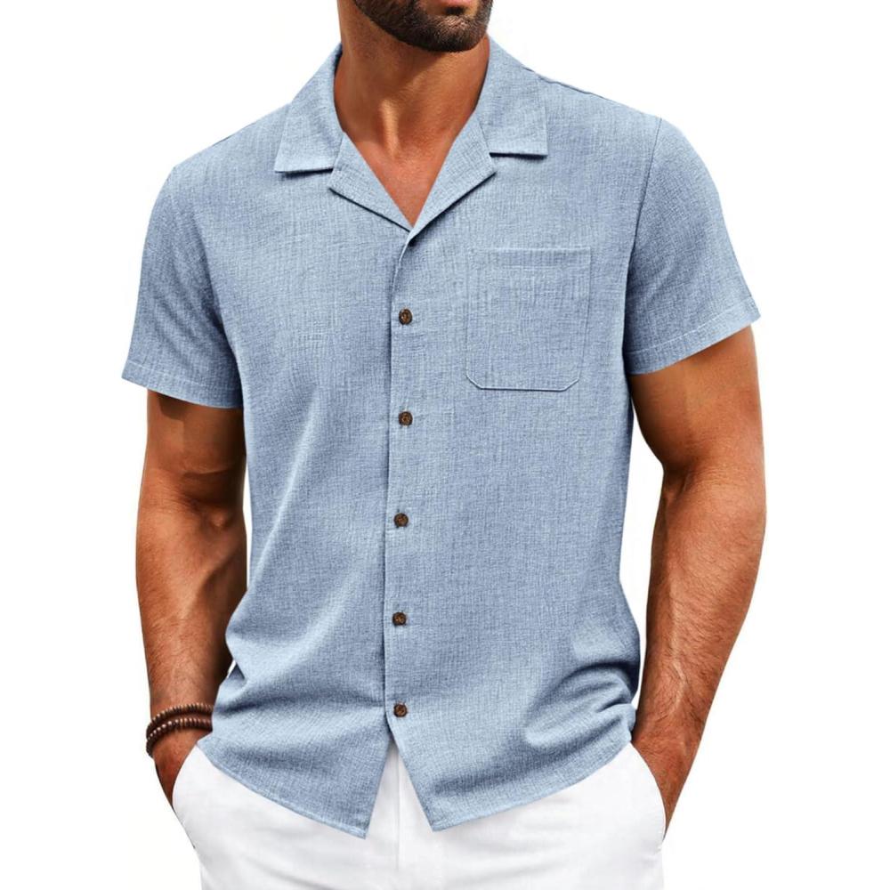 imageRuncati Mens Button Down Shirt Short Sleeve Cuban Casual Shirts Summer Beach Vacation Wedding Tops with PocketLight Blue