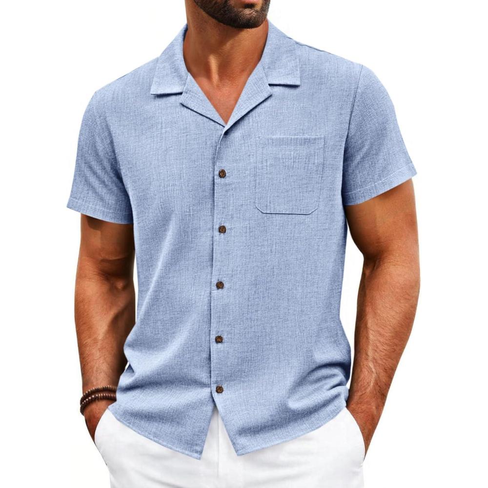 imageRuncati Mens Button Down Shirt Short Sleeve Cuban Casual Shirts Summer Beach Vacation Wedding Tops with PocketSky Blue