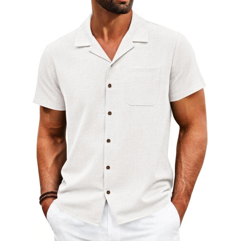 imageRuncati Mens Button Down Shirt Short Sleeve Cuban Casual Shirts Summer Beach Vacation Wedding Tops with PocketWhite