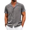 Runcati Mens Button Down Shirt Short Sleeve Cuban Casual Shirts Summer Beach Vacation Wedding Tops with Pocket(Dark Gray)