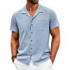 Runcati Mens Button Down Shirt Short Sleeve Cuban Casual Shirts Summer Beach Vacation Wedding Tops with Pocket(Light Blue)