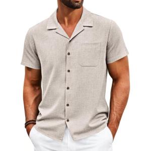 Runcati Mens Button Down Shirt Short Sleeve Cuban Casual Shirts Summer Beach Vacation Wedding Tops with Pocket(Apricot)