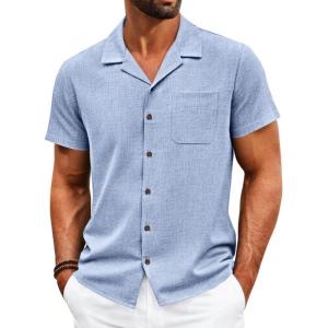 Runcati Mens Button Down Shirt Short Sleeve Cuban Casual Shirts Summer Beach Vacation Wedding Tops with Pocket(Sky Blue)