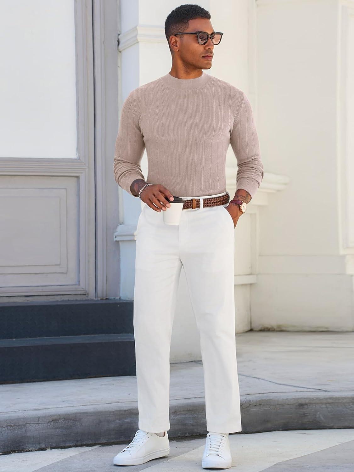 imageRuncati Mens Mock Turtleneck Sweater Slim Fit Casual Ribbed Knitted Pullover Fall Winter Basic Warm SweatersApricot