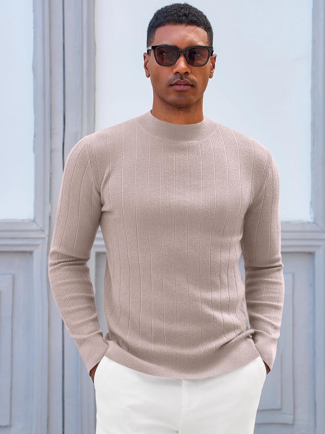 imageRuncati Mens Mock Turtleneck Sweater Slim Fit Casual Ribbed Knitted Pullover Fall Winter Basic Warm SweatersApricot