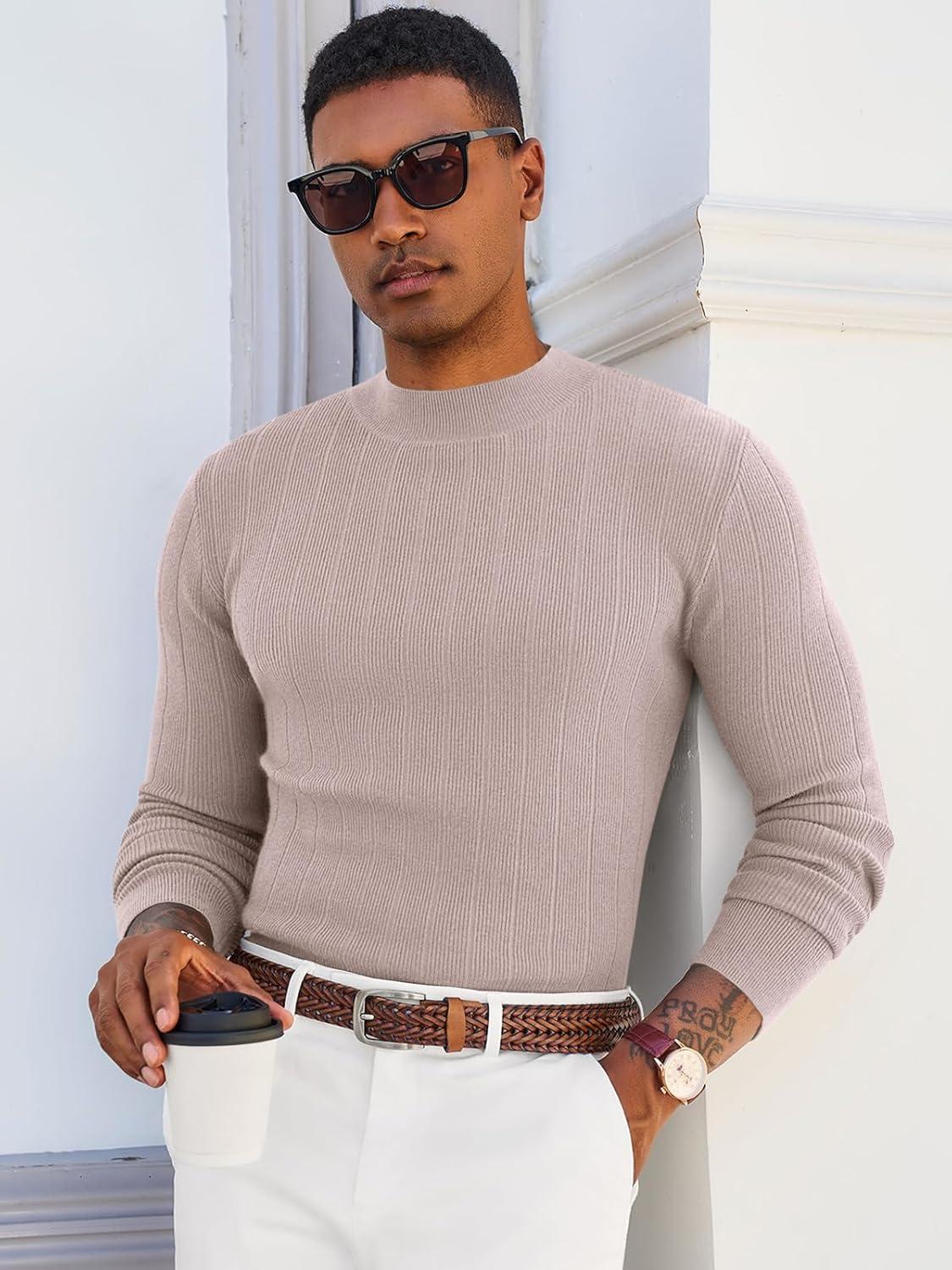imageRuncati Mens Mock Turtleneck Sweater Slim Fit Casual Ribbed Knitted Pullover Fall Winter Basic Warm SweatersApricot