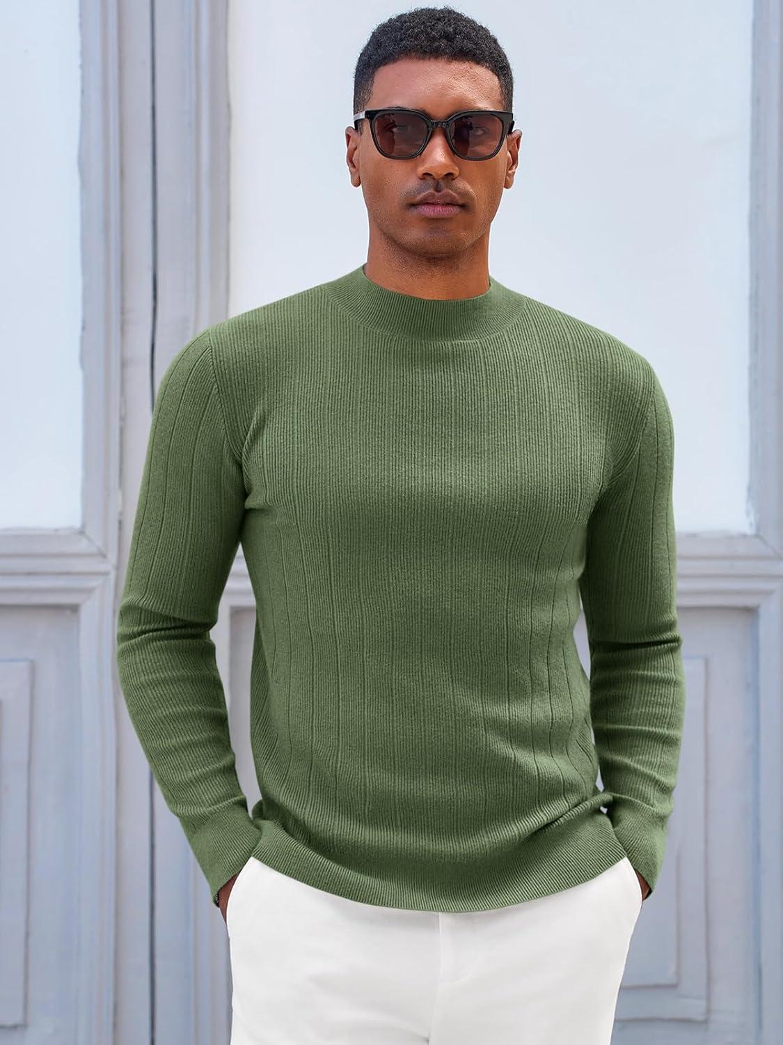imageRuncati Mens Mock Turtleneck Sweater Slim Fit Casual Ribbed Knitted Pullover Fall Winter Basic Warm SweatersArmy Green