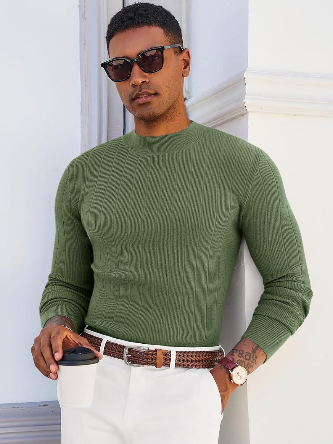 imageRuncati Mens Mock Turtleneck Sweater Slim Fit Casual Ribbed Knitted Pullover Fall Winter Basic Warm SweatersArmy Green