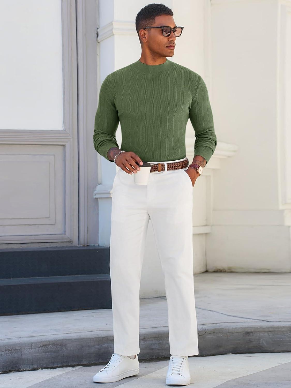 imageRuncati Mens Mock Turtleneck Sweater Slim Fit Casual Ribbed Knitted Pullover Fall Winter Basic Warm SweatersArmy Green