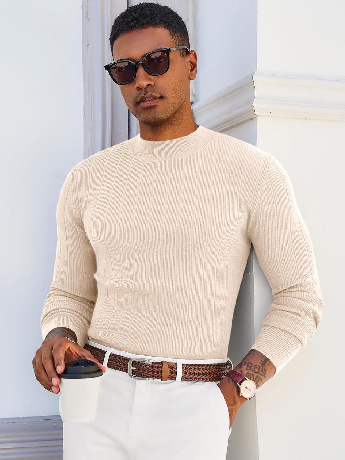 imageRuncati Mens Mock Turtleneck Sweater Slim Fit Casual Ribbed Knitted Pullover Fall Winter Basic Warm SweatersBeige