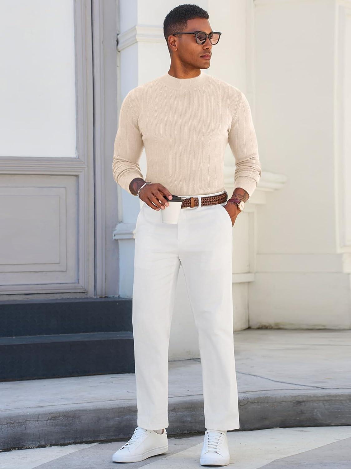 imageRuncati Mens Mock Turtleneck Sweater Slim Fit Casual Ribbed Knitted Pullover Fall Winter Basic Warm SweatersBeige