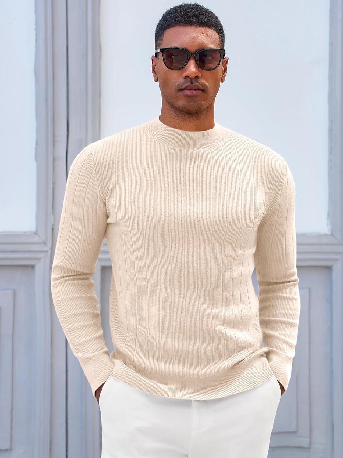 imageRuncati Mens Mock Turtleneck Sweater Slim Fit Casual Ribbed Knitted Pullover Fall Winter Basic Warm SweatersBeige