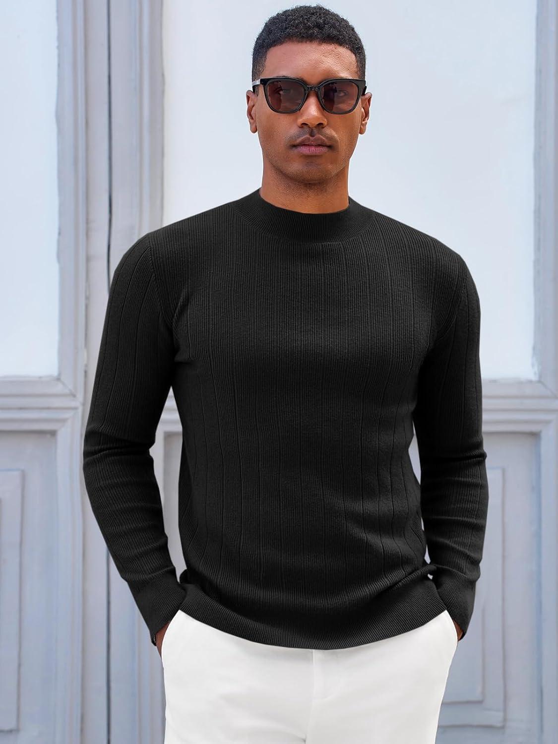imageRuncati Mens Mock Turtleneck Sweater Slim Fit Casual Ribbed Knitted Pullover Fall Winter Basic Warm SweatersBlack
