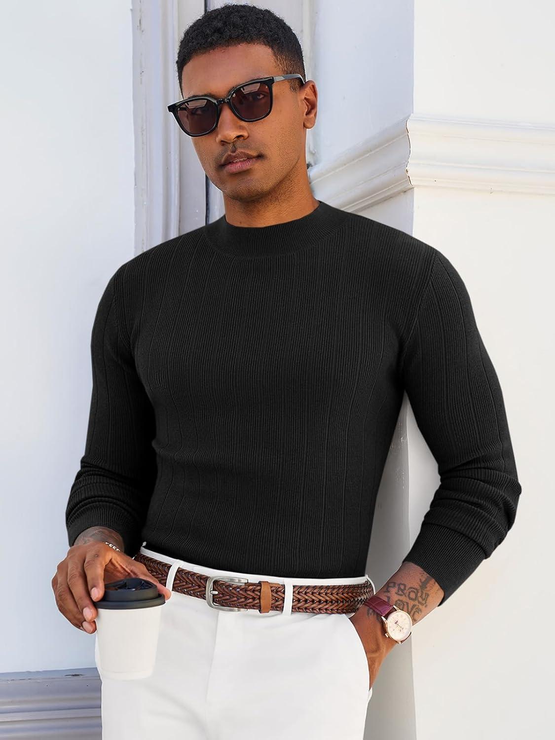 imageRuncati Mens Mock Turtleneck Sweater Slim Fit Casual Ribbed Knitted Pullover Fall Winter Basic Warm SweatersBlack