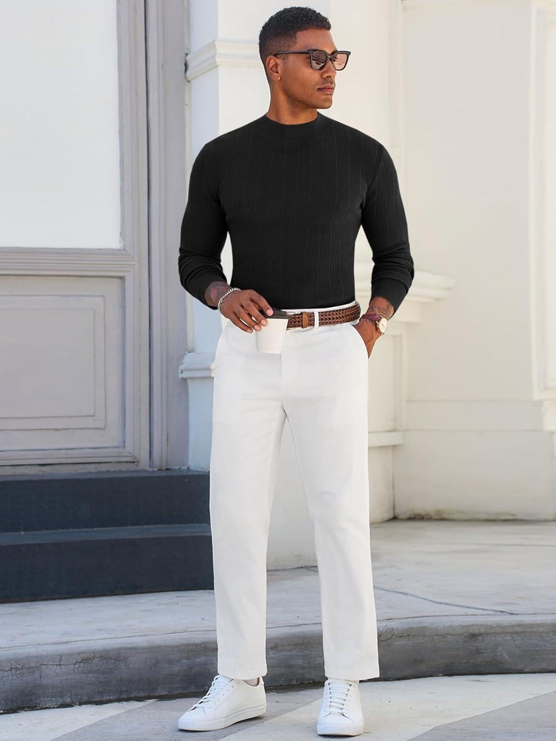 imageRuncati Mens Mock Turtleneck Sweater Slim Fit Casual Ribbed Knitted Pullover Fall Winter Basic Warm SweatersBlack