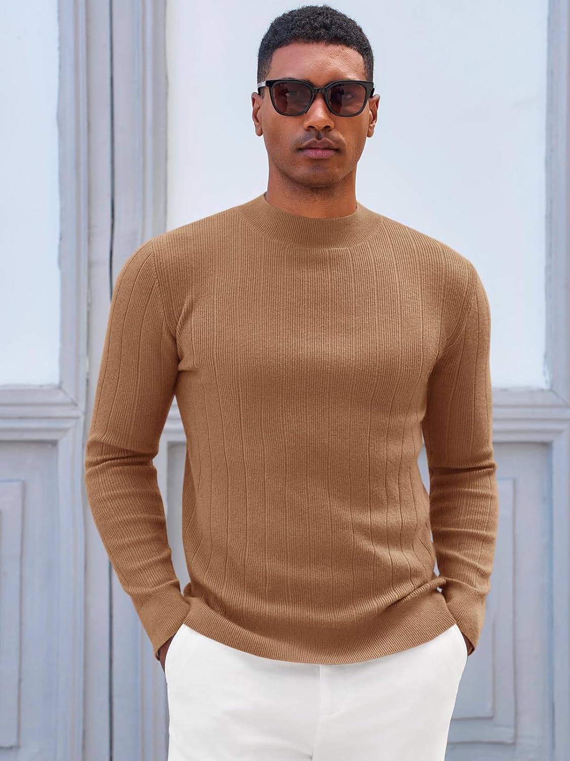 imageRuncati Mens Mock Turtleneck Sweater Slim Fit Casual Ribbed Knitted Pullover Fall Winter Basic Warm SweatersBrown
