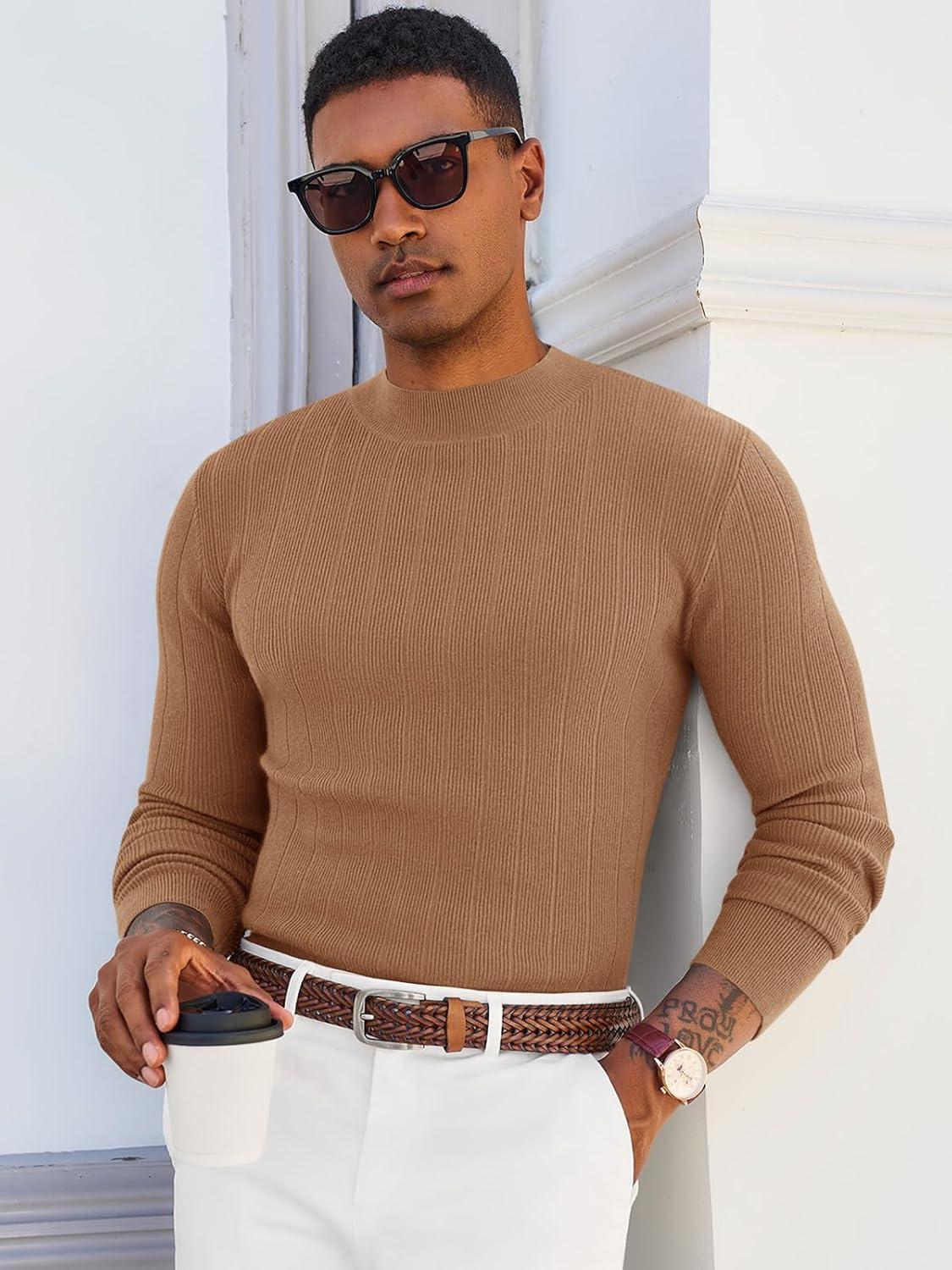 imageRuncati Mens Mock Turtleneck Sweater Slim Fit Casual Ribbed Knitted Pullover Fall Winter Basic Warm SweatersBrown