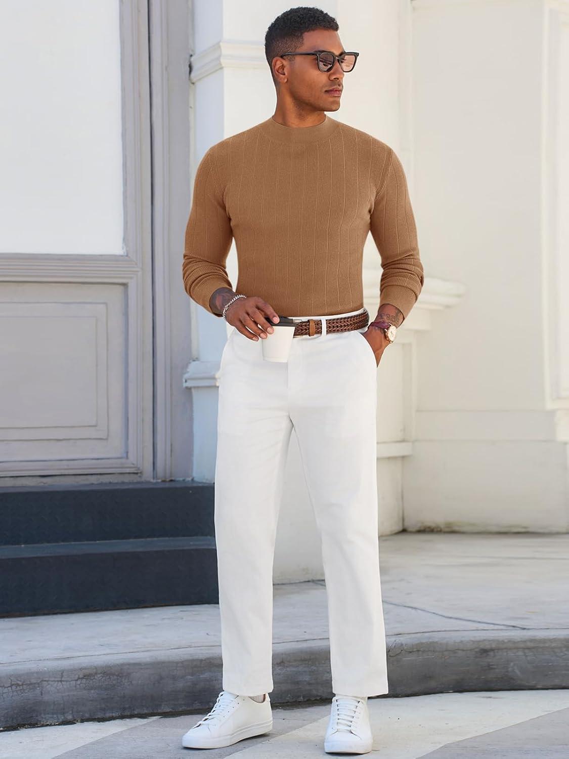 imageRuncati Mens Mock Turtleneck Sweater Slim Fit Casual Ribbed Knitted Pullover Fall Winter Basic Warm SweatersBrown
