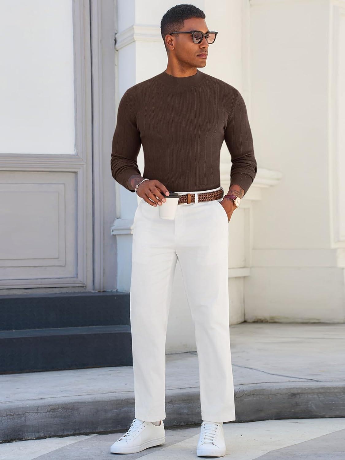 imageRuncati Mens Mock Turtleneck Sweater Slim Fit Casual Ribbed Knitted Pullover Fall Winter Basic Warm SweatersCoffee
