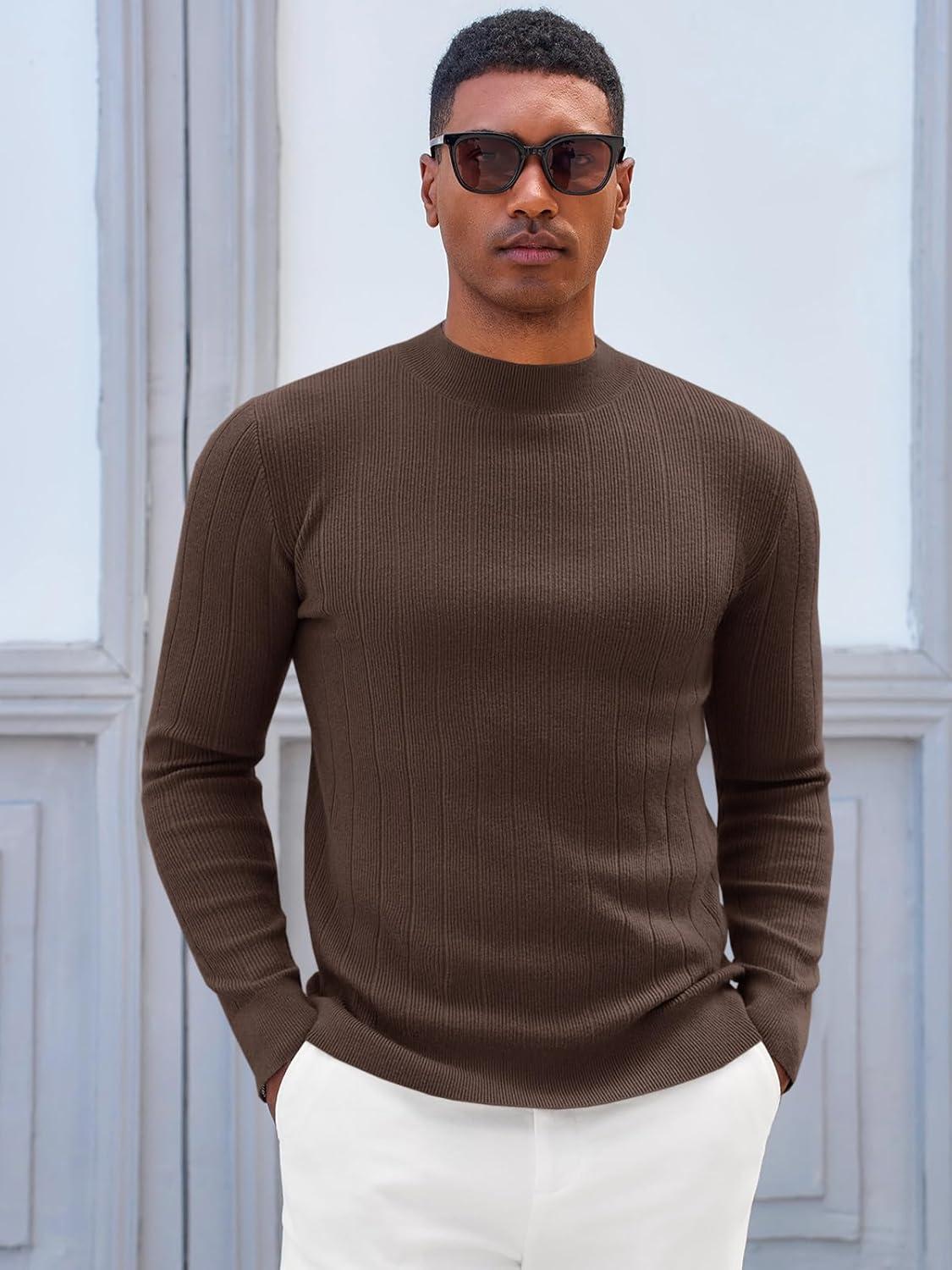 imageRuncati Mens Mock Turtleneck Sweater Slim Fit Casual Ribbed Knitted Pullover Fall Winter Basic Warm SweatersCoffee