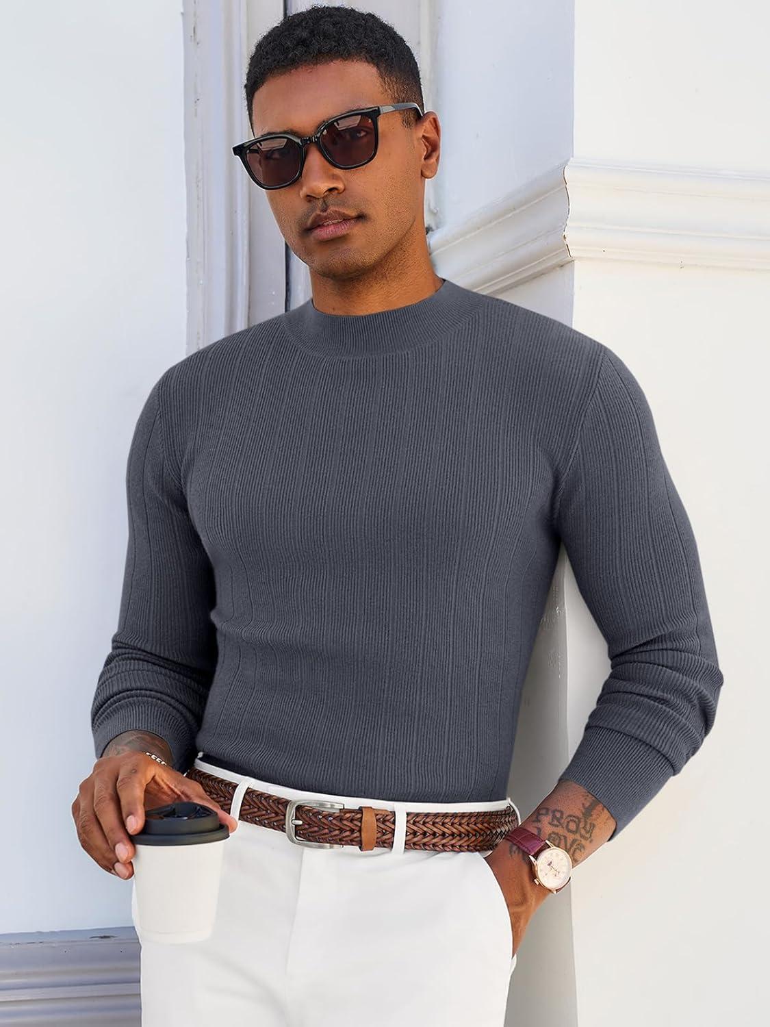 imageRuncati Mens Mock Turtleneck Sweater Slim Fit Casual Ribbed Knitted Pullover Fall Winter Basic Warm SweatersDark Gray