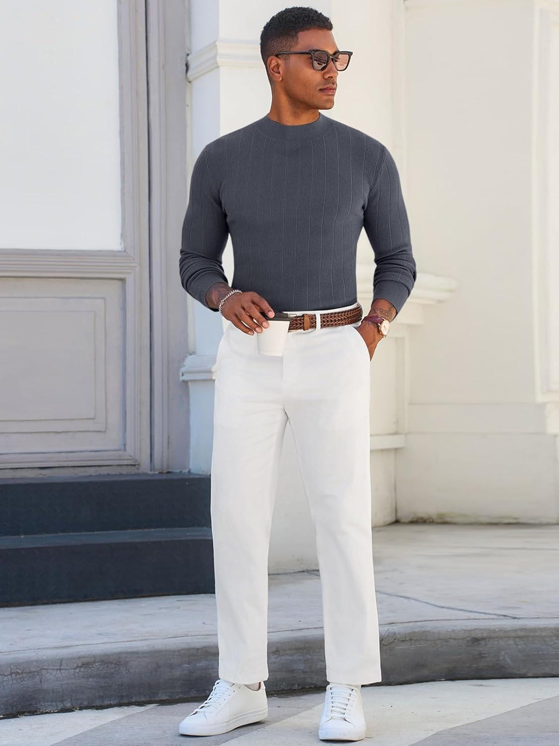 imageRuncati Mens Mock Turtleneck Sweater Slim Fit Casual Ribbed Knitted Pullover Fall Winter Basic Warm SweatersDark Gray