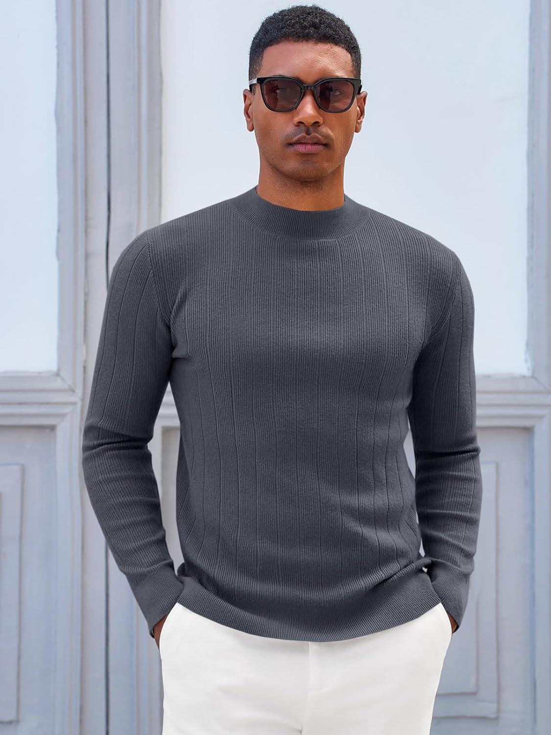 imageRuncati Mens Mock Turtleneck Sweater Slim Fit Casual Ribbed Knitted Pullover Fall Winter Basic Warm SweatersDark Gray