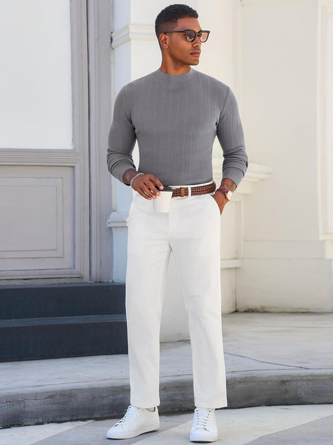imageRuncati Mens Mock Turtleneck Sweater Slim Fit Casual Ribbed Knitted Pullover Fall Winter Basic Warm SweatersGray