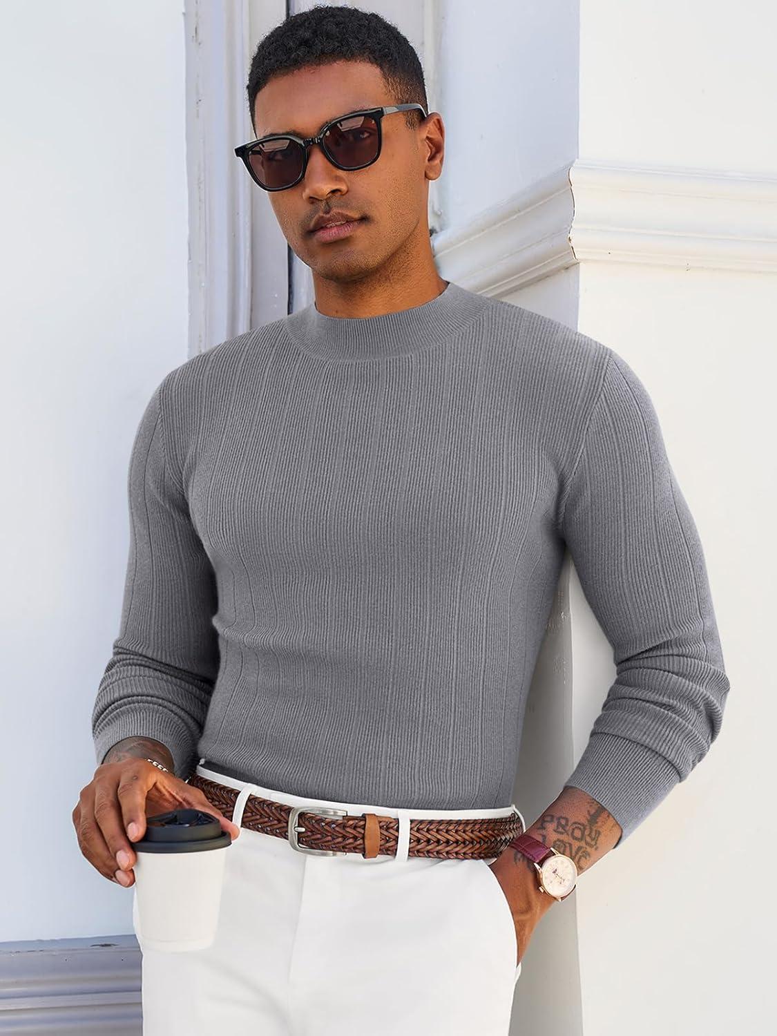 imageRuncati Mens Mock Turtleneck Sweater Slim Fit Casual Ribbed Knitted Pullover Fall Winter Basic Warm SweatersGray