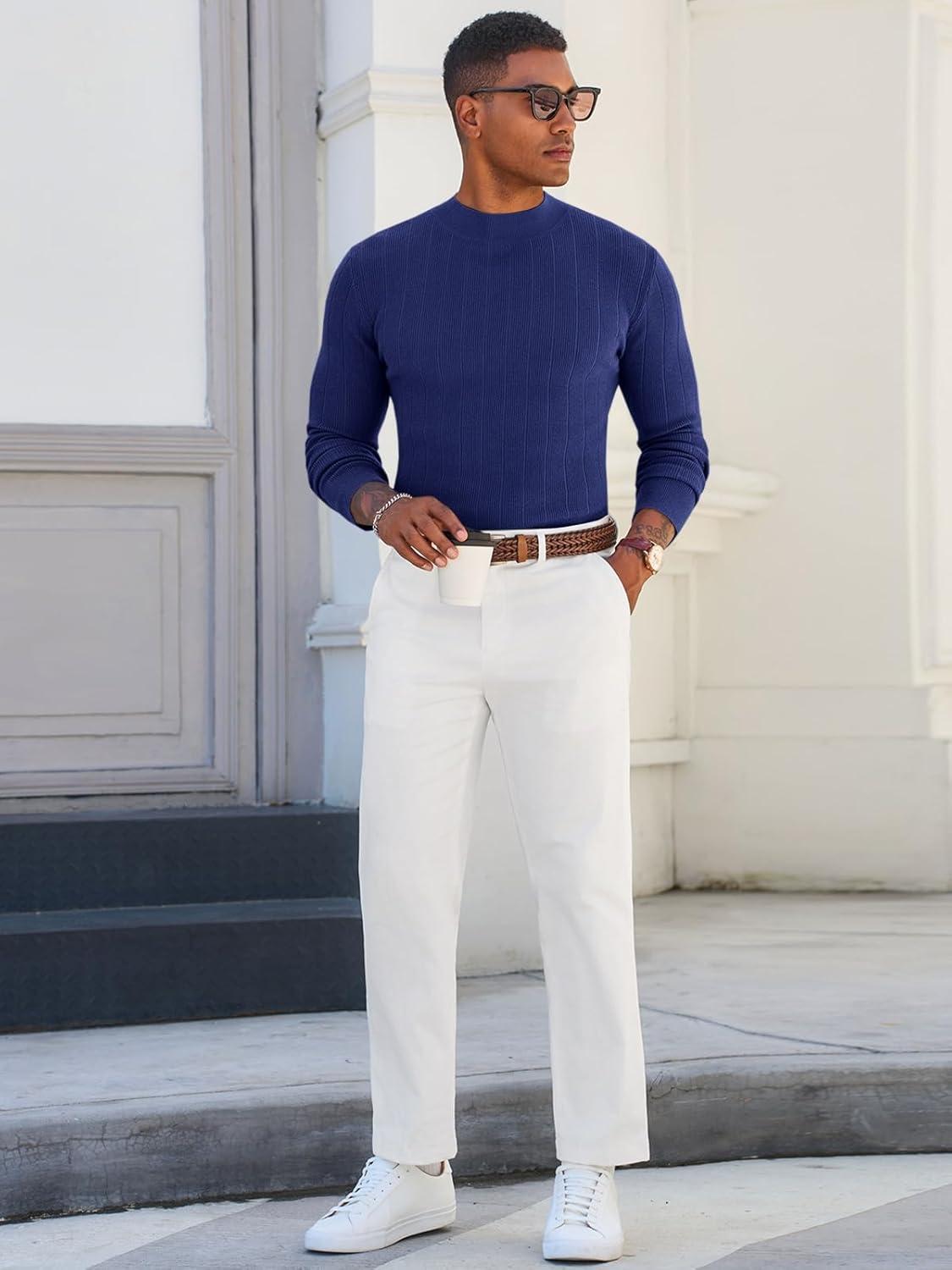 imageRuncati Mens Mock Turtleneck Sweater Slim Fit Casual Ribbed Knitted Pullover Fall Winter Basic Warm SweatersNavy
