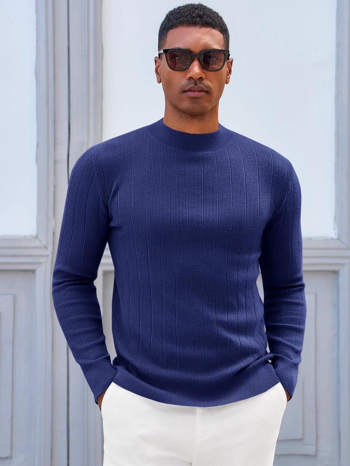 imageRuncati Mens Mock Turtleneck Sweater Slim Fit Casual Ribbed Knitted Pullover Fall Winter Basic Warm SweatersNavy