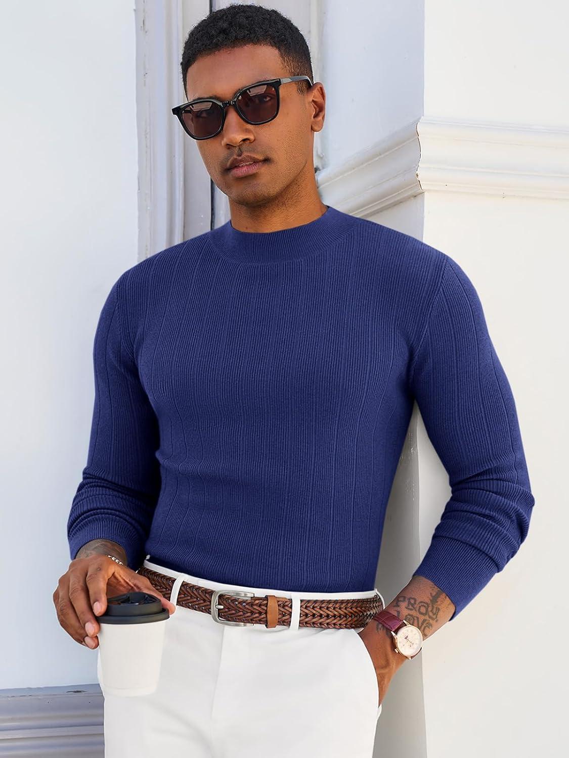 imageRuncati Mens Mock Turtleneck Sweater Slim Fit Casual Ribbed Knitted Pullover Fall Winter Basic Warm SweatersNavy