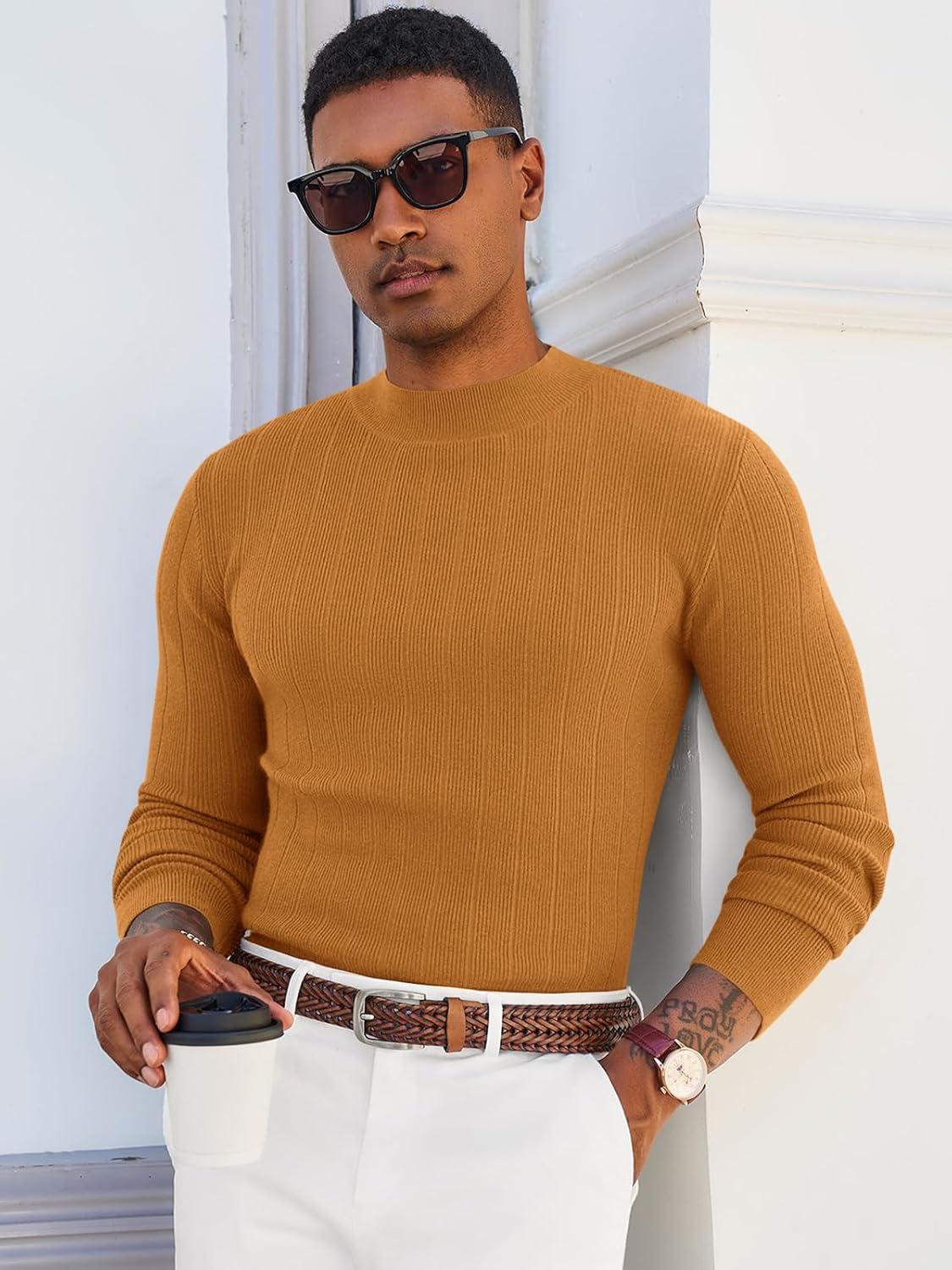 imageRuncati Mens Mock Turtleneck Sweater Slim Fit Casual Ribbed Knitted Pullover Fall Winter Basic Warm SweatersRed Brown