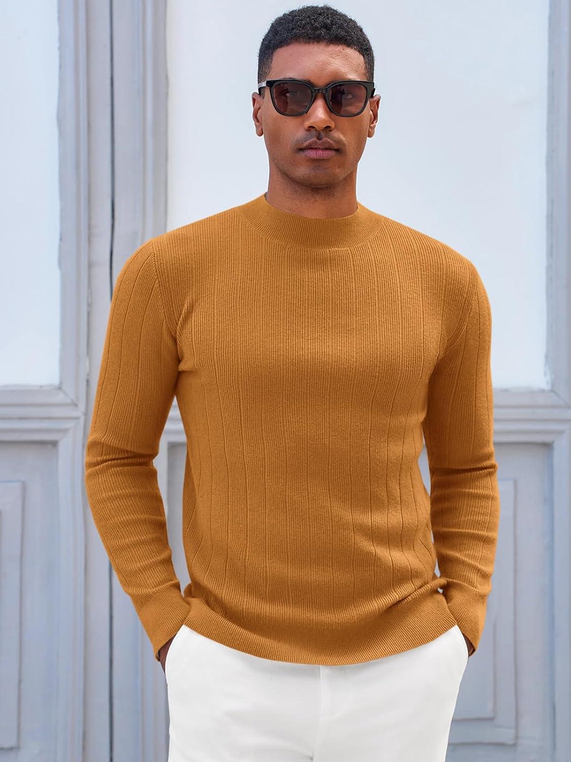 imageRuncati Mens Mock Turtleneck Sweater Slim Fit Casual Ribbed Knitted Pullover Fall Winter Basic Warm SweatersRed Brown