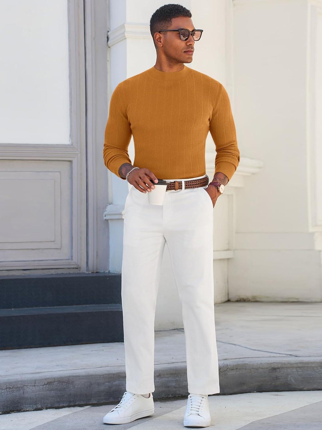 imageRuncati Mens Mock Turtleneck Sweater Slim Fit Casual Ribbed Knitted Pullover Fall Winter Basic Warm SweatersRed Brown