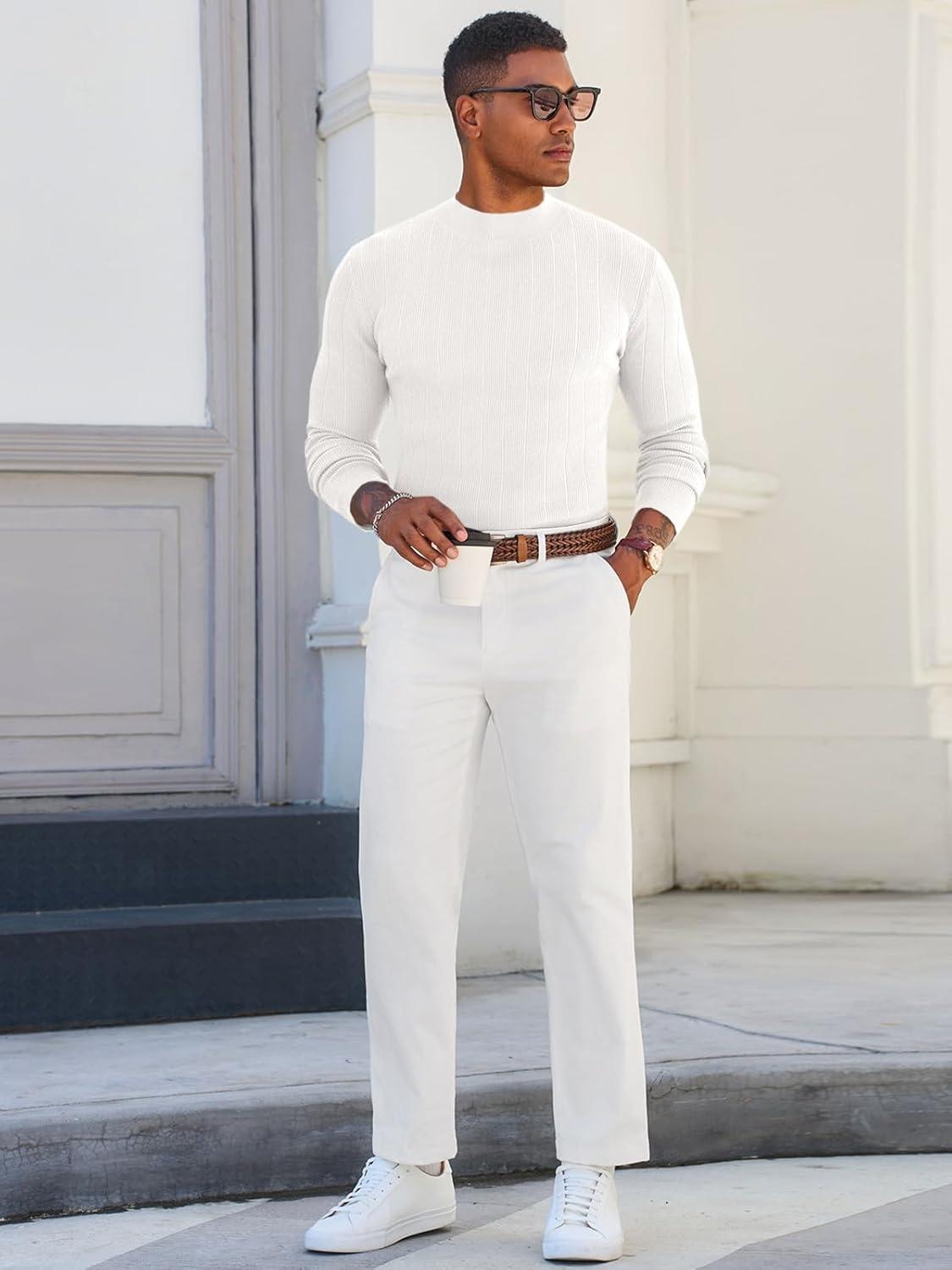 imageRuncati Mens Mock Turtleneck Sweater Slim Fit Casual Ribbed Knitted Pullover Fall Winter Basic Warm SweatersWhite