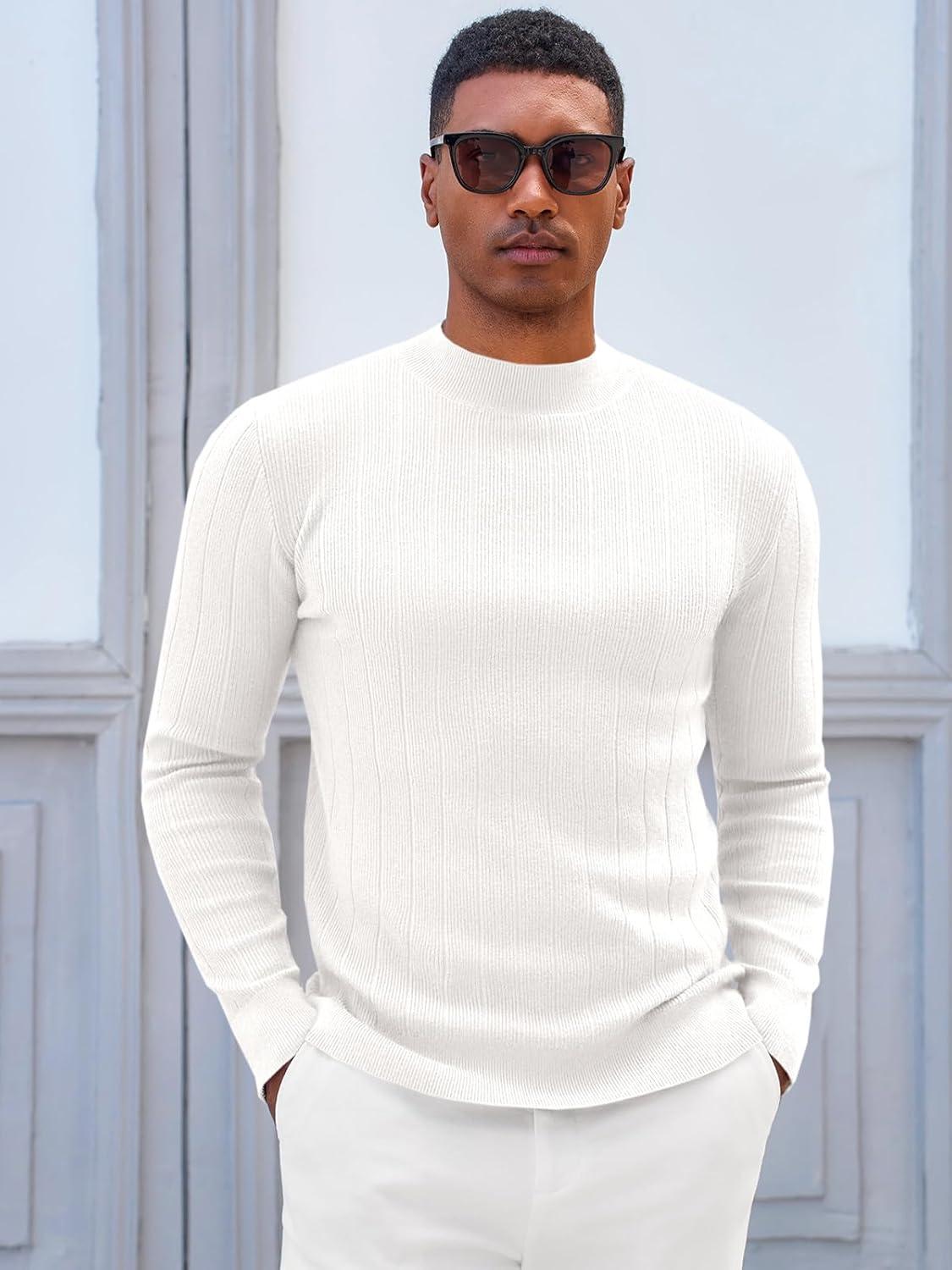 imageRuncati Mens Mock Turtleneck Sweater Slim Fit Casual Ribbed Knitted Pullover Fall Winter Basic Warm SweatersWhite