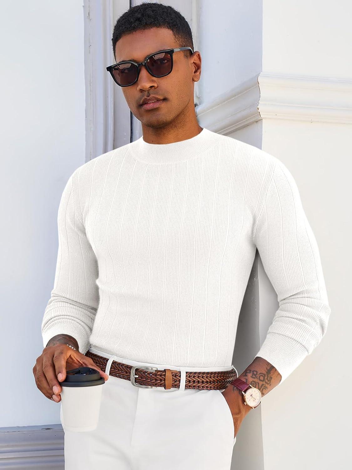 imageRuncati Mens Mock Turtleneck Sweater Slim Fit Casual Ribbed Knitted Pullover Fall Winter Basic Warm SweatersWhite