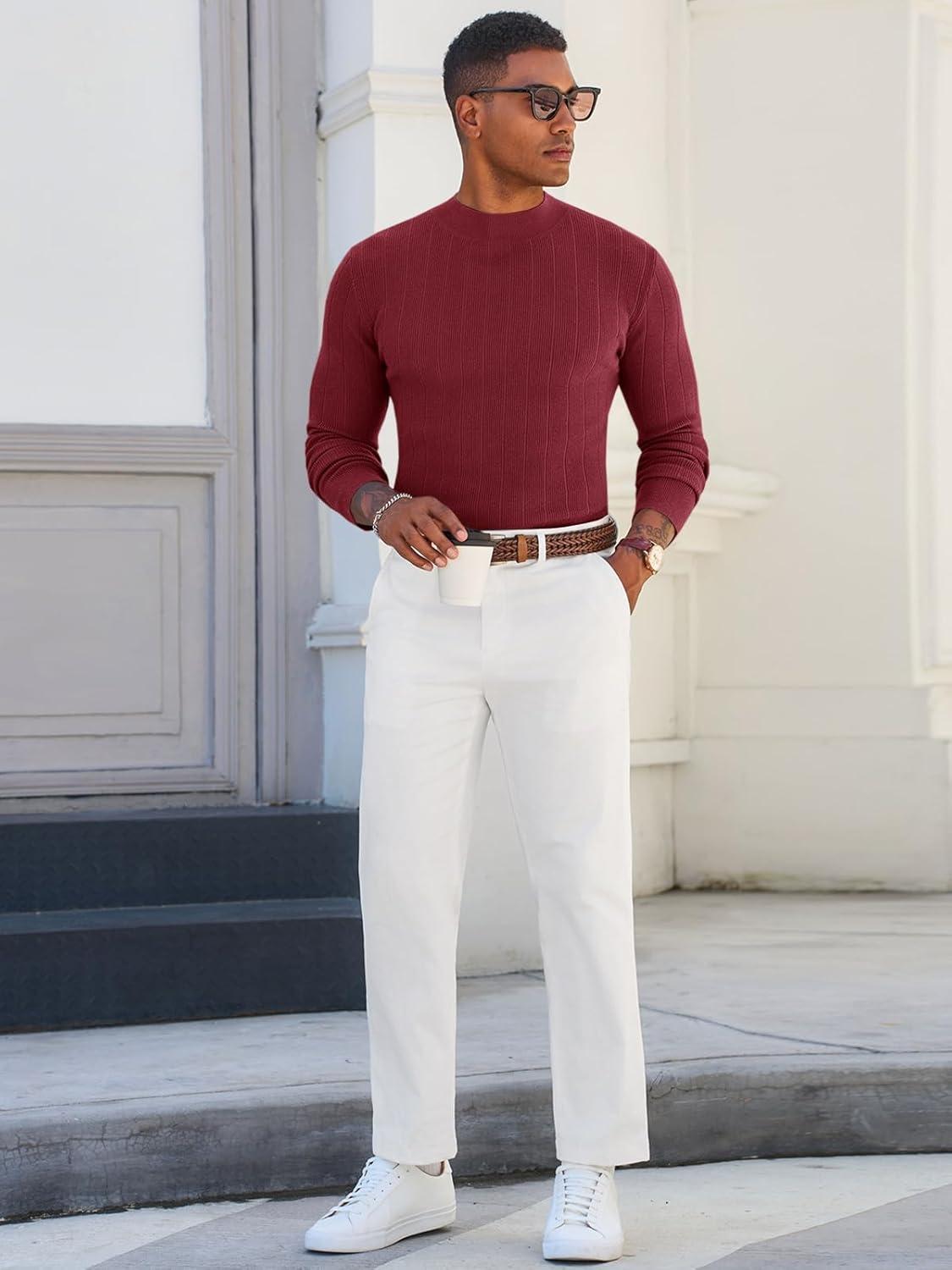 imageRuncati Mens Mock Turtleneck Sweater Slim Fit Casual Ribbed Knitted Pullover Fall Winter Basic Warm SweatersWine Red