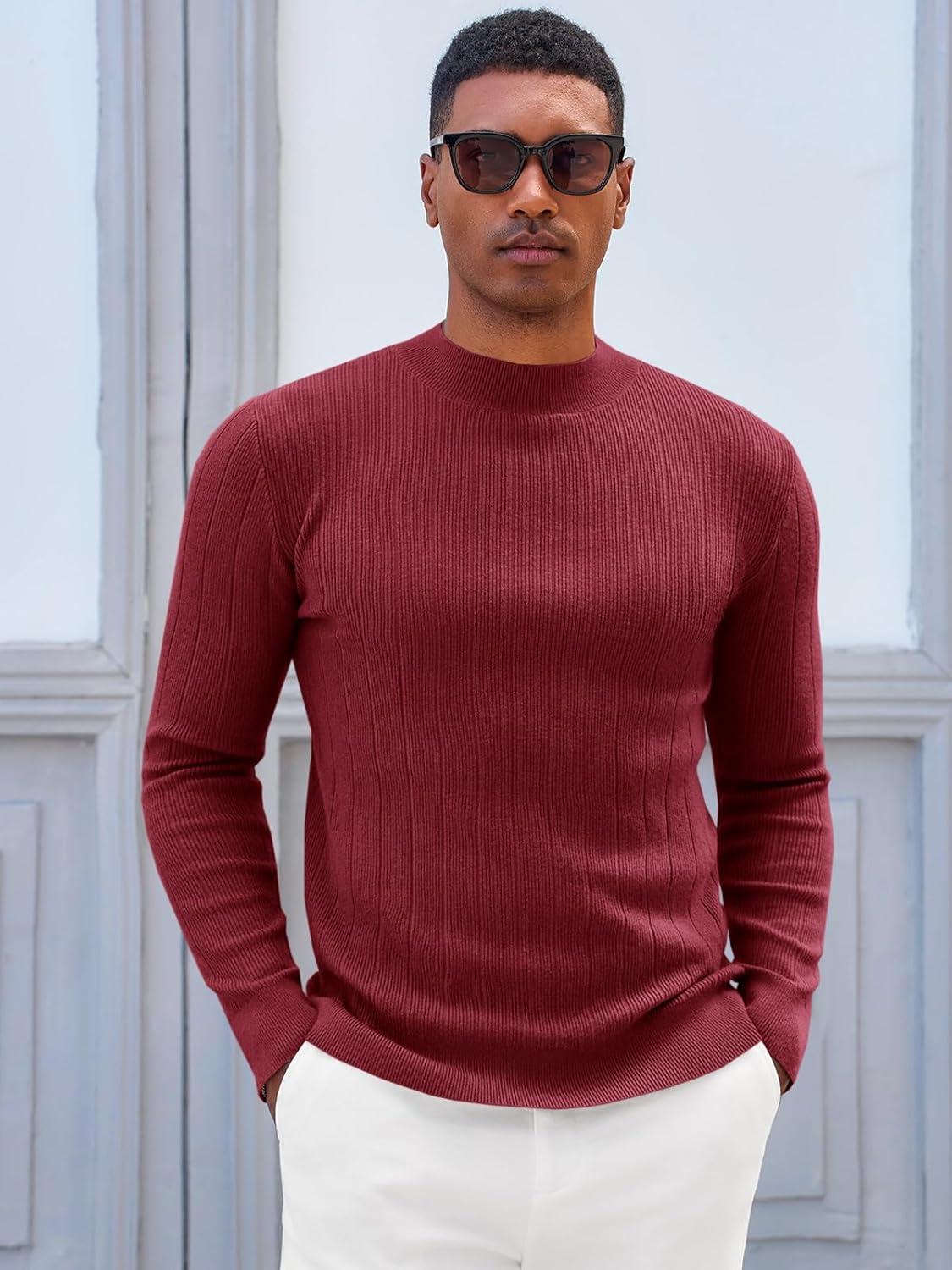 imageRuncati Mens Mock Turtleneck Sweater Slim Fit Casual Ribbed Knitted Pullover Fall Winter Basic Warm SweatersWine Red