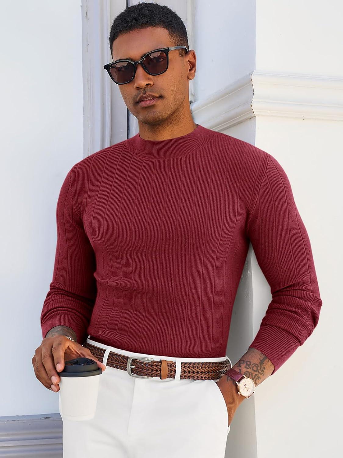 imageRuncati Mens Mock Turtleneck Sweater Slim Fit Casual Ribbed Knitted Pullover Fall Winter Basic Warm SweatersWine Red