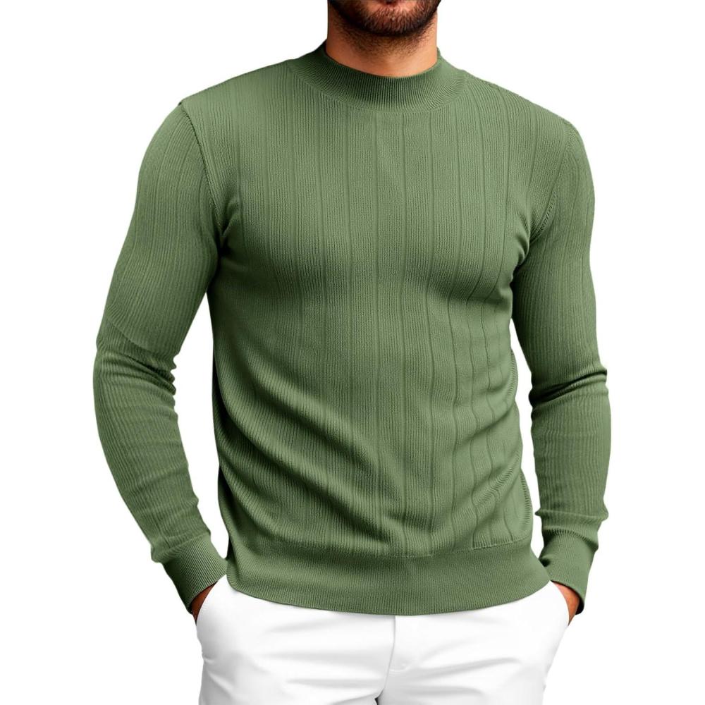 imageRuncati Mens Mock Turtleneck Sweater Slim Fit Casual Ribbed Knitted Pullover Fall Winter Basic Warm SweatersArmy Green