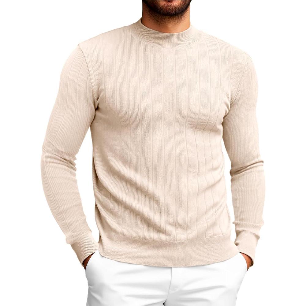 imageRuncati Mens Mock Turtleneck Sweater Slim Fit Casual Ribbed Knitted Pullover Fall Winter Basic Warm SweatersBeige