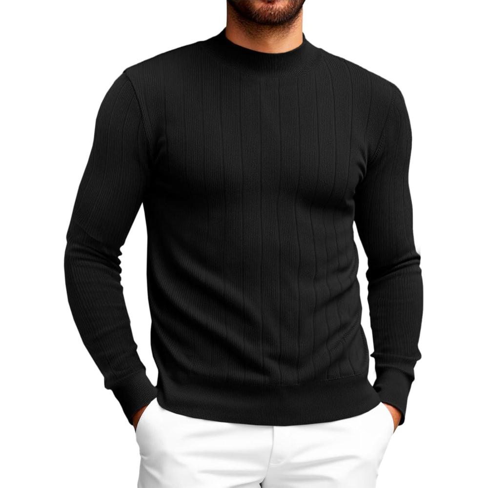 imageRuncati Mens Mock Turtleneck Sweater Slim Fit Casual Ribbed Knitted Pullover Fall Winter Basic Warm SweatersBlack