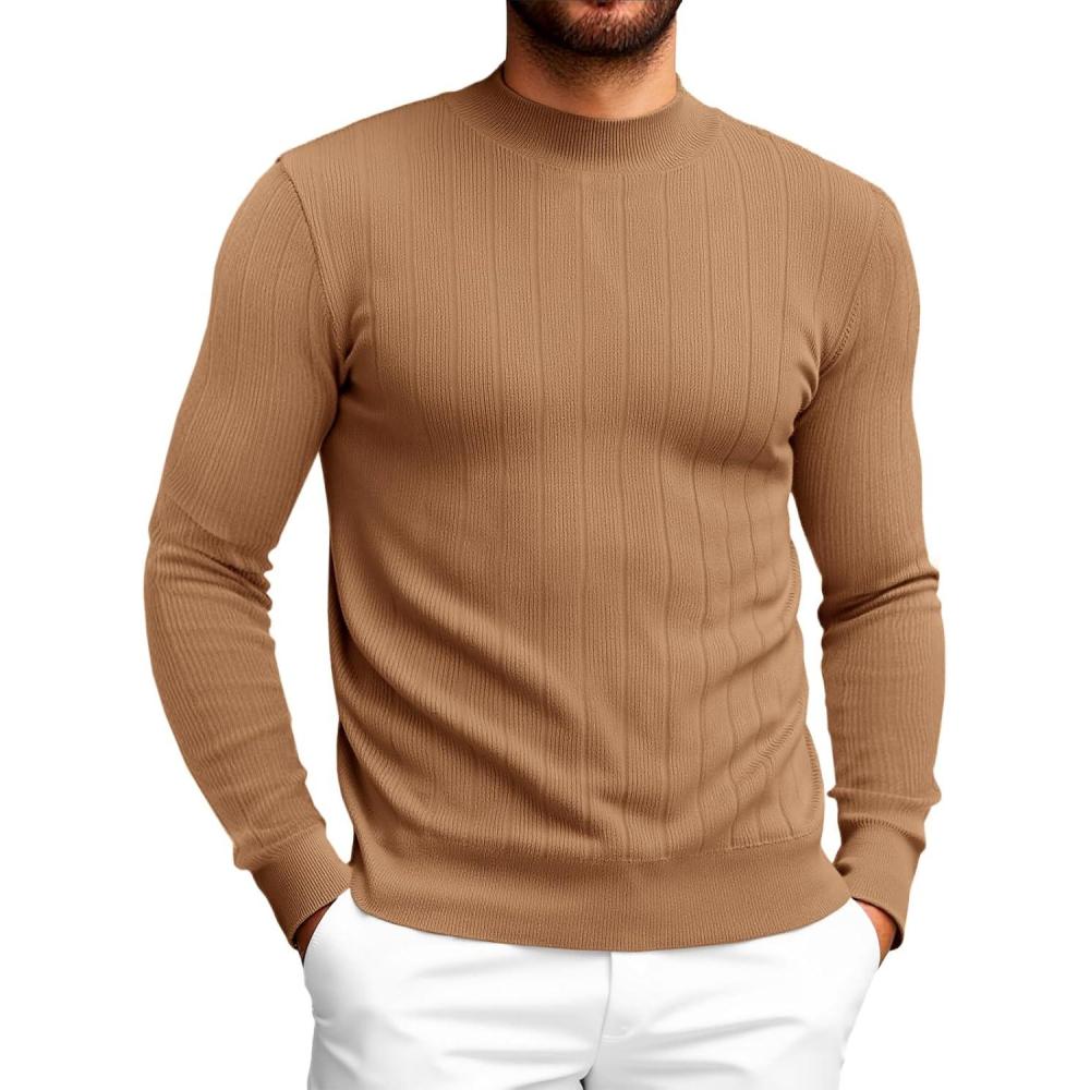 imageRuncati Mens Mock Turtleneck Sweater Slim Fit Casual Ribbed Knitted Pullover Fall Winter Basic Warm SweatersBrown