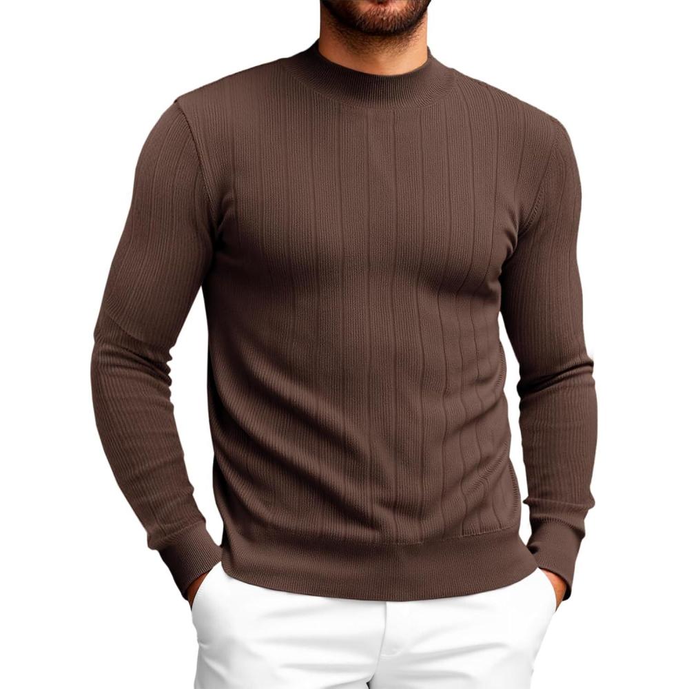 imageRuncati Mens Mock Turtleneck Sweater Slim Fit Casual Ribbed Knitted Pullover Fall Winter Basic Warm SweatersCoffee