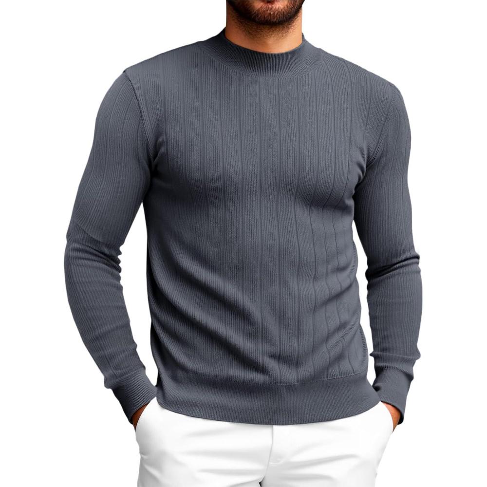 imageRuncati Mens Mock Turtleneck Sweater Slim Fit Casual Ribbed Knitted Pullover Fall Winter Basic Warm SweatersDark Gray