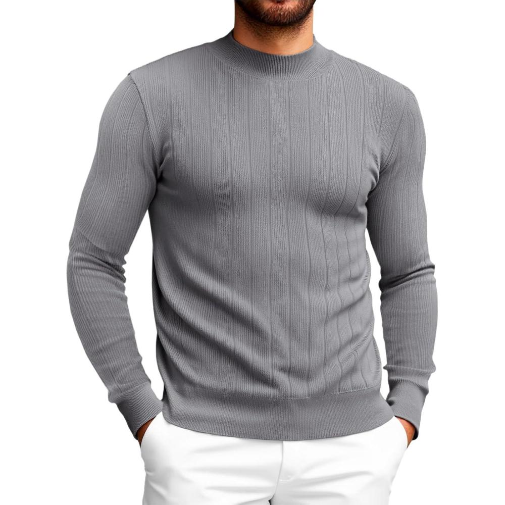 imageRuncati Mens Mock Turtleneck Sweater Slim Fit Casual Ribbed Knitted Pullover Fall Winter Basic Warm SweatersGray